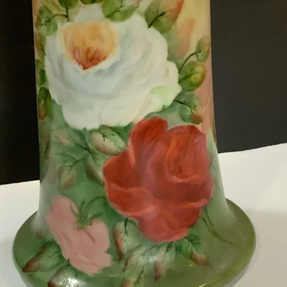 Large Vase Porcelain Roses Gold tone Trim Signed 12 inches Tall Vintage